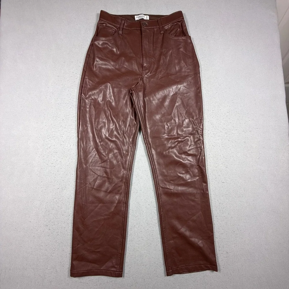 Abercrombie & Fitch The 90s Straight Ultra High Rise Vegan Leather Pants Brown 8